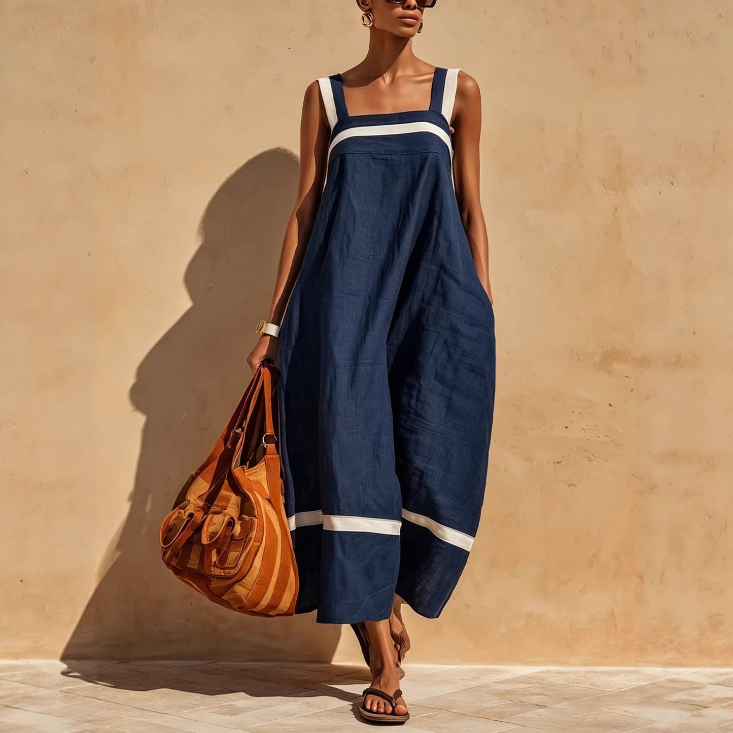 Women's Contrast Strap Casual Loose Midi Dress – Linen Blend FitiqueFit