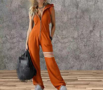 Women's Sporty Retro Lace-Up Striped Sleeveless Hooded Jumpsuit – Wide Flare Leg FitiqueFit