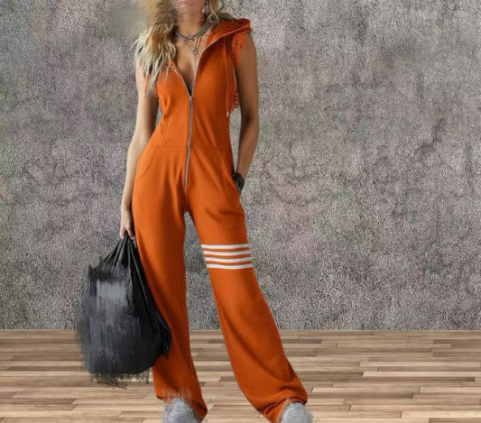 Women's Sporty Retro Lace-Up Striped Sleeveless Hooded Jumpsuit – Wide Flare Leg FitiqueFit