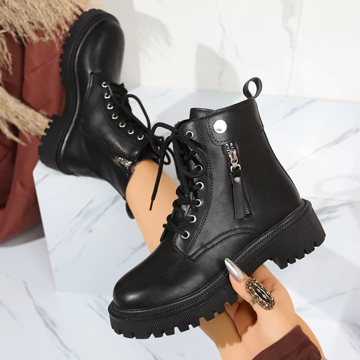 Round Toe Block Heels Boots with Mid-Heel Comfort FitiqueFit