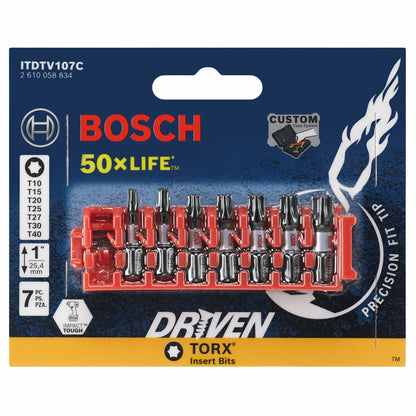 BOSCH ITDTV107C 7 pc. Driven 1 In. Impact Torx® Insert Bit Set with Clip for Custom Case System VM Hardware
