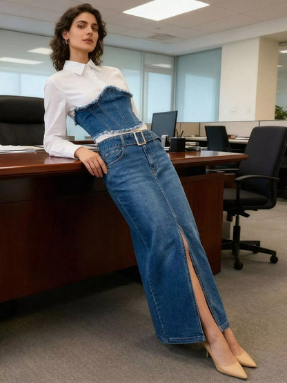 Frayed Denim Patchwork Top & Slit Maxi Skirt Denim Set New Era Fashion LLc
