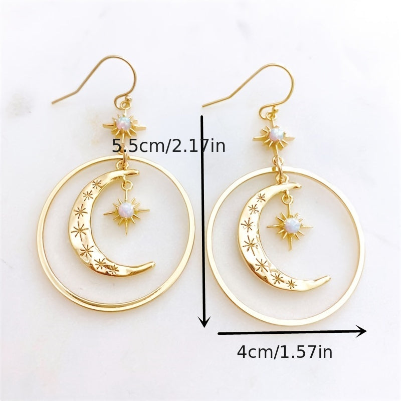 Elegant Boho-Chic Golden-Tone Moonstone Dangle Earrings for Women - Crescent Moon with Star Motifs, Zinc Alloy, Perfect for Daily Wear & Parties, Moon Earrings NovaCart