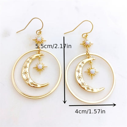 Elegant Boho-Chic Golden-Tone Moonstone Dangle Earrings for Women - Crescent Moon with Star Motifs, Zinc Alloy, Perfect for Daily Wear & Parties, Moon Earrings NovaCart