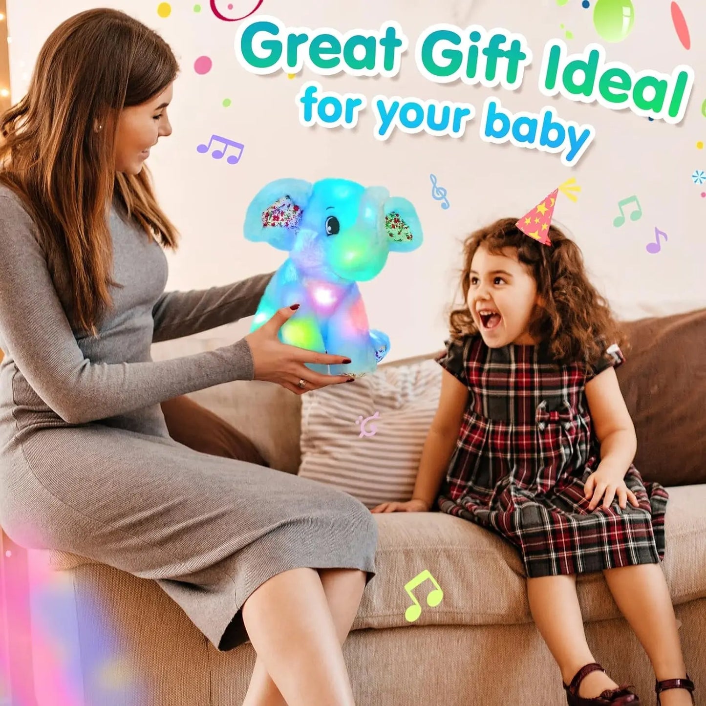 12-Inch Musical Light-Up Elephant Plush Toy - Adorable LED Nightlight with Lullabies for Kids - Perfect Gift for Birthdays and Special Occasions