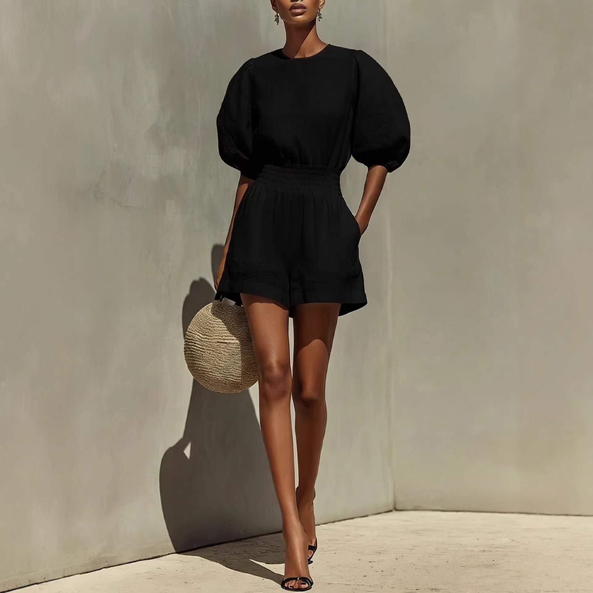 Women's Puff-Sleeve Top & Cropped Shorts Set – Casual Chic FitiqueFit