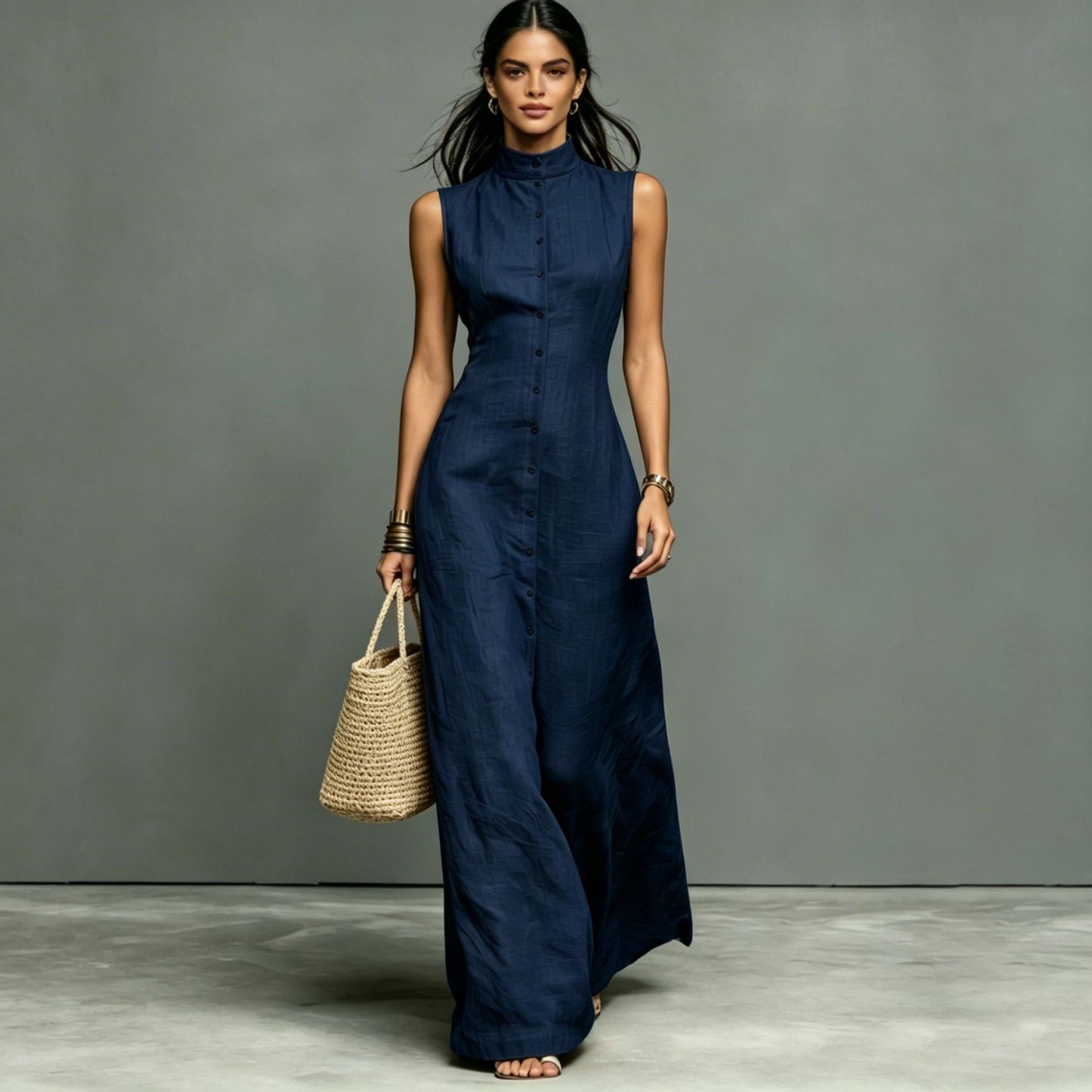 Women's Stand-Collar Single-Breasted Sleeveless Midi Dress FitiqueFit