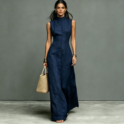 Women's Stand-Collar Single-Breasted Sleeveless Midi Dress FitiqueFit