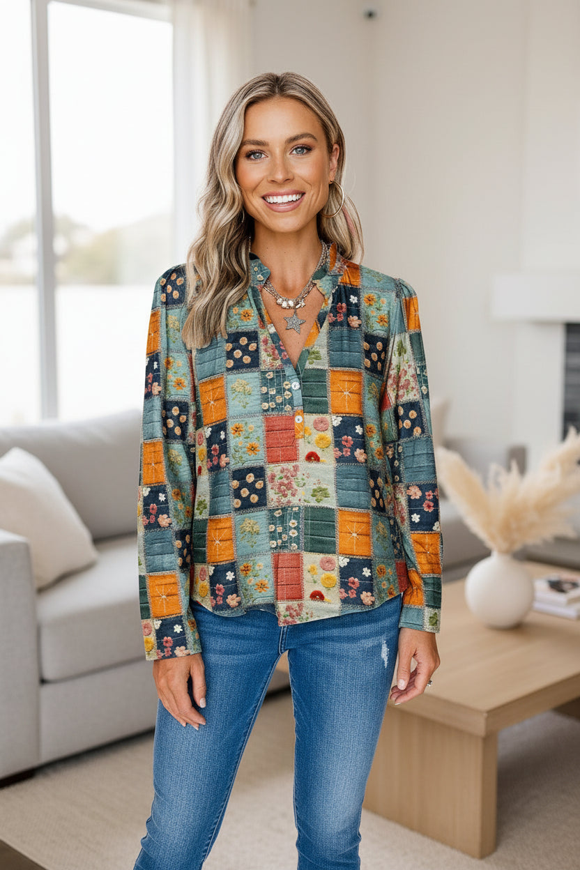 Women's Retro Floral Print Chiffon Blouse – Loose Fit Long-Sleeve Top FitiqueFit
