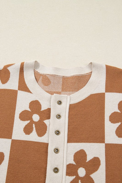Flower Checker Henley Baggy Sweater Shop Style & More | Fresh Looks, Everyday Deals & Free Shipping