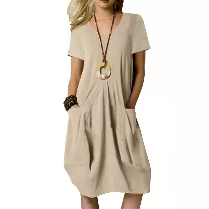 Cotton And Linen Solid Color Loose Round Neck Short Sleeve Dress Grayceful LLC
