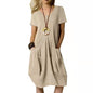 Cotton And Linen Solid Color Loose Round Neck Short Sleeve Dress Grayceful LLC