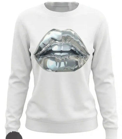 Womens Cartoon Silver Lip-Printed Sweatshirt See size chart under “more details” The Fashion Celestial