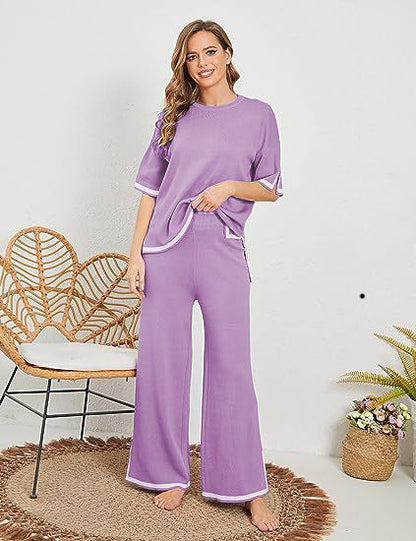 New Knitting Suit Sweater Suit Short Sleeve Pullover Wide Leg Pants Grayceful LLC
