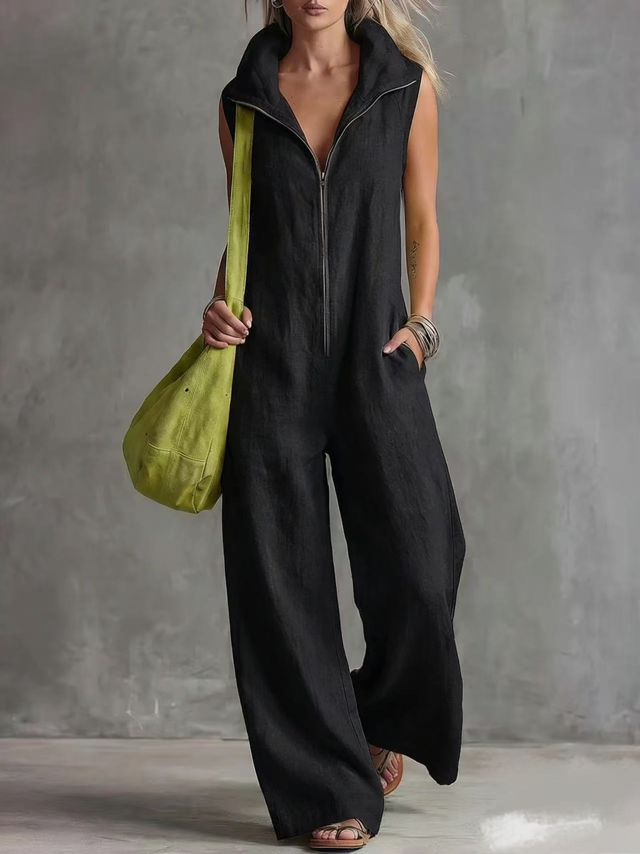 Women's Loose Sleeveless Jumpsuit with Pockets – Linen-Look FitiqueFit