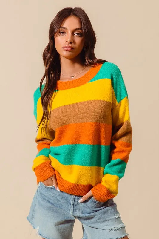 SO ME Multi Color Stripe Sweater with Ribbed Detail West2East Surf