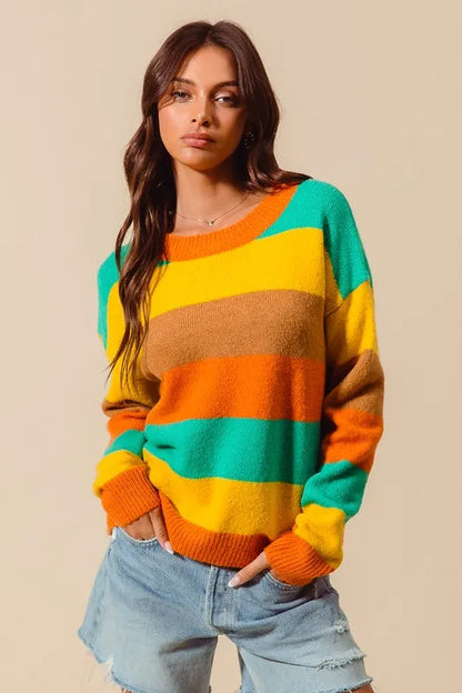 SO ME Multi Color Stripe Sweater with Ribbed Detail West2East Surf