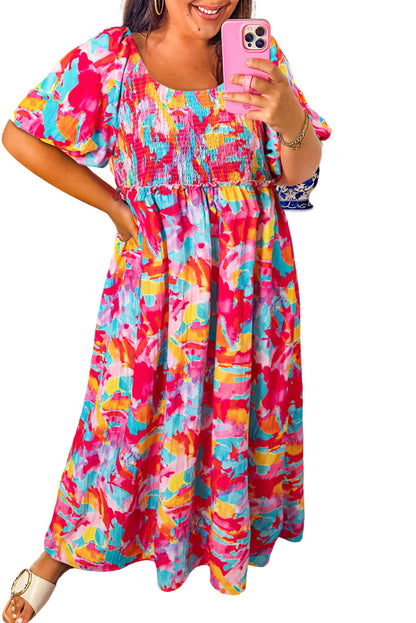 Rose Abstract Printed Puff Sleeve Square Neck Smocked Bust Tied Back Plus Size Dress Garden Naked Curves