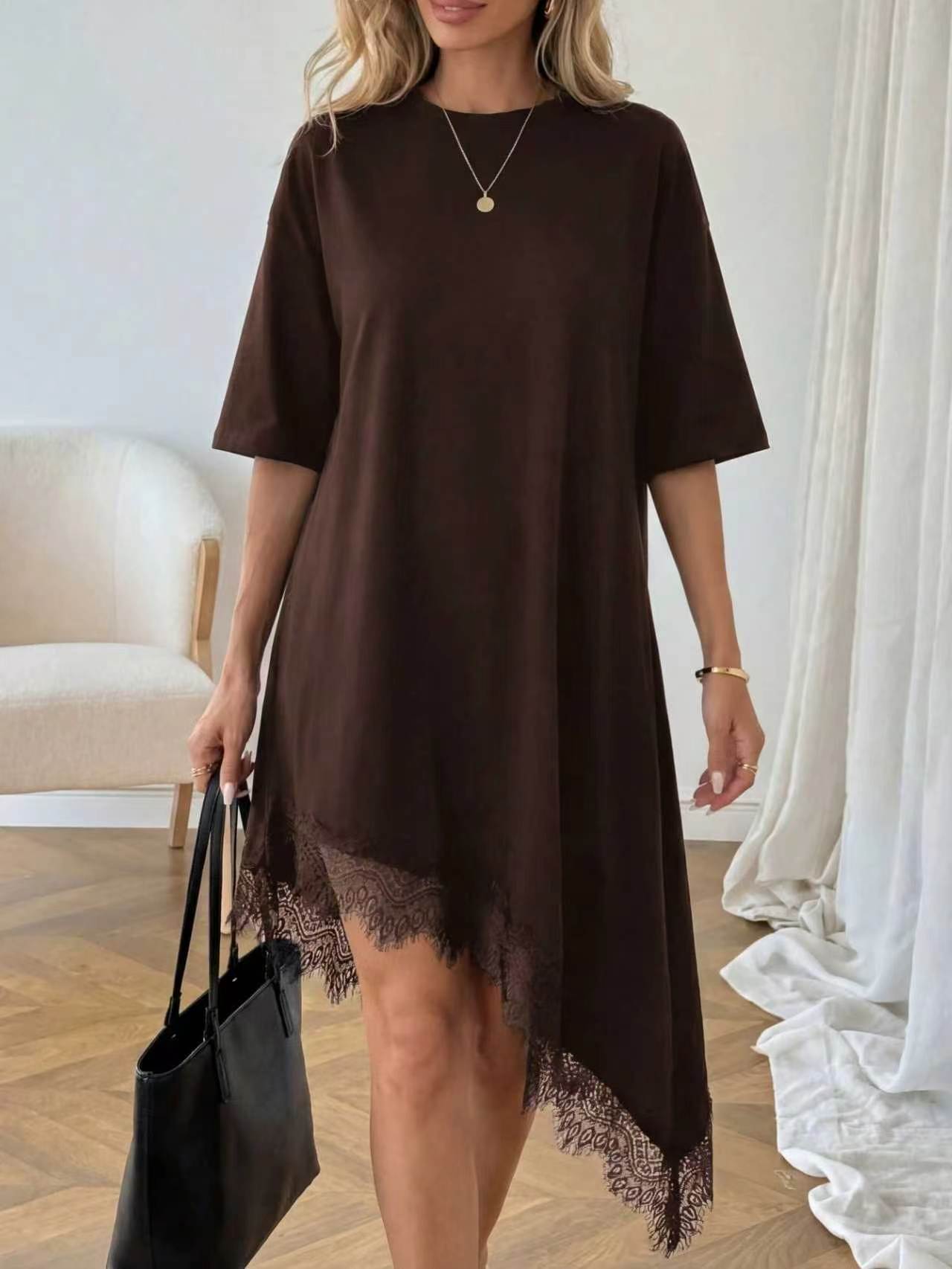 Women's Lace Trim Asymmetric Three-Quarter Sleeve Dress FitiqueFit
