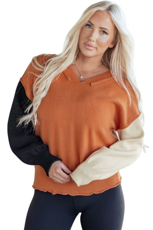 Colorblock Raw Edge Bubble Sleeve V-Neck Sweater Shop Style & More | Fresh Looks, Everyday Deals & Free Shipping