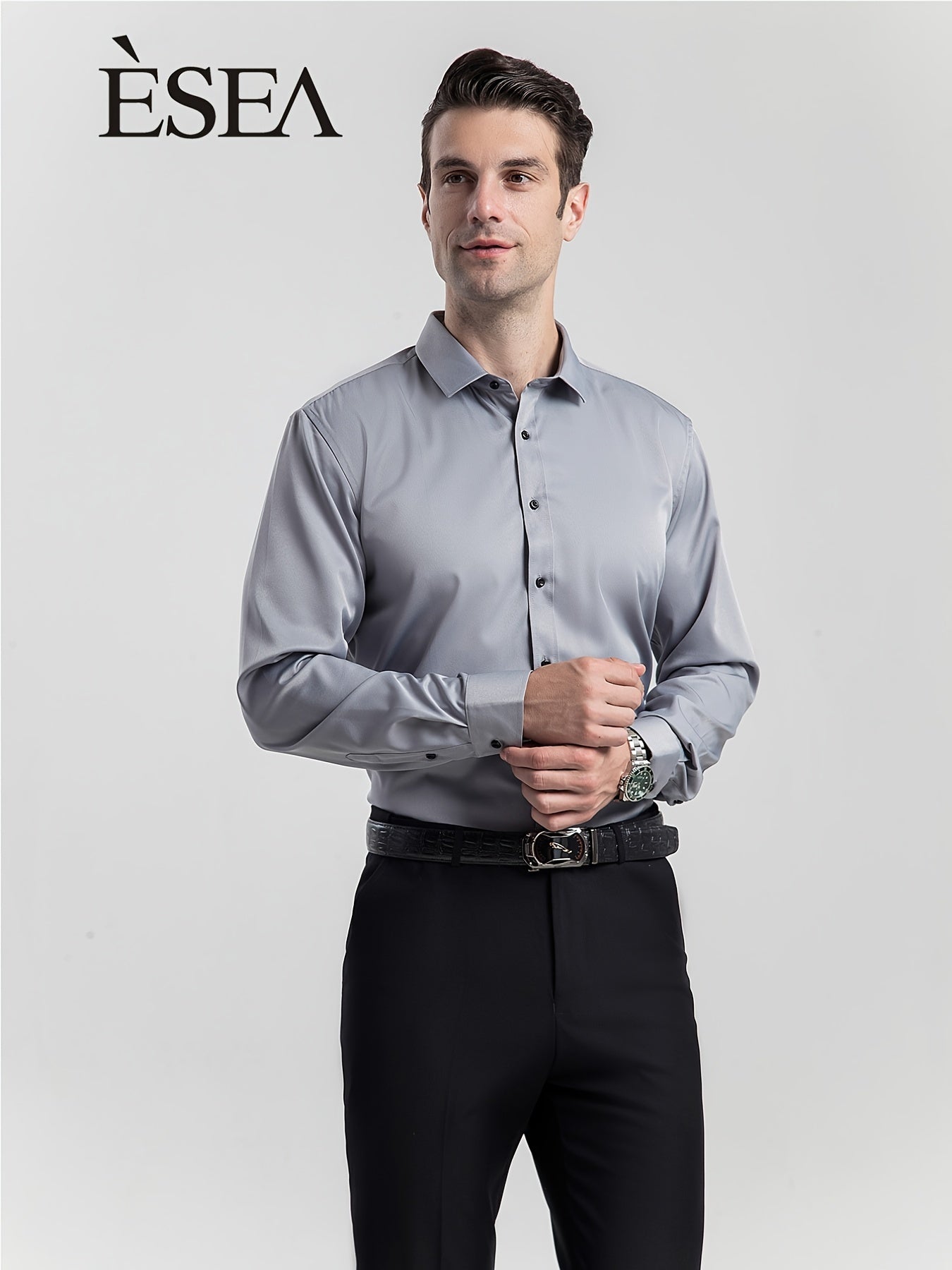 Men'S Stretch Slim-Fit Formal Shirt Without Pockets, Light Business Turn- Collar Long-Sleeved Shirt, Men'S Business Shirt, Wrinkle-Resistant And Durable Solid Color Formal Long-Sleeved Shirt with Buttons And Pockets, Suitable NovaCart