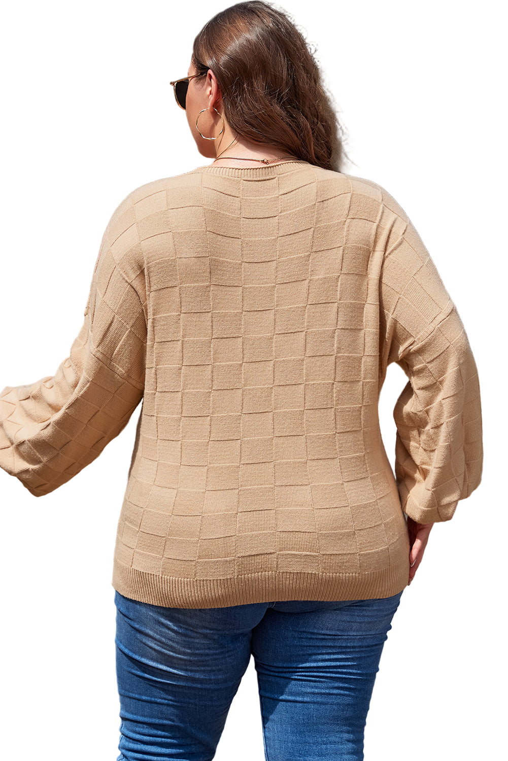 Rose Tan Solid Checkered Textured Knit Plus Size Sweater Garden Naked Curves