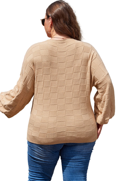 Rose Tan Solid Checkered Textured Knit Plus Size Sweater Garden Naked Curves