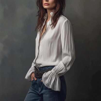 Women's Ruffled Sleeve Resort Shirt – Stretch Casual Long Blouse FitiqueFit