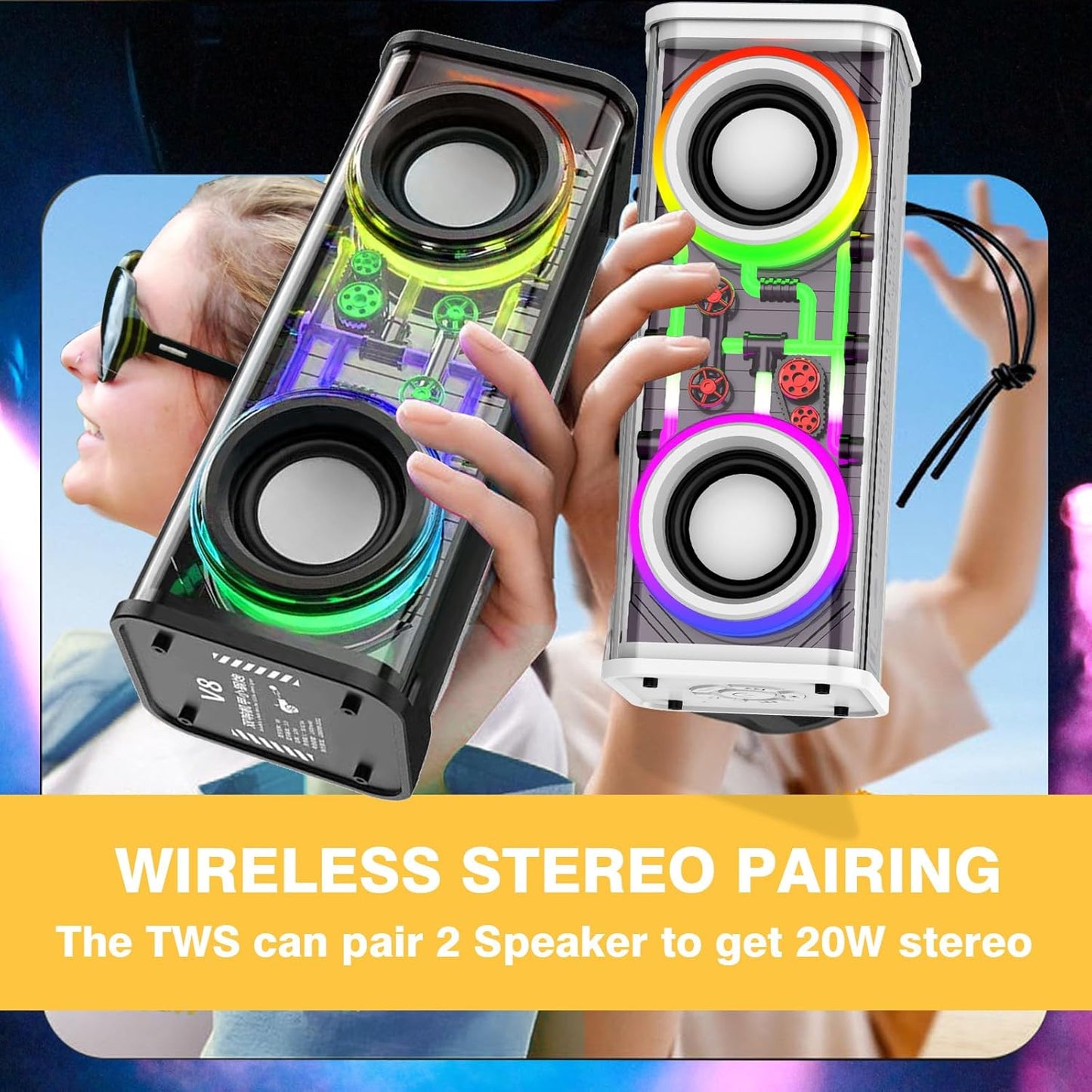Portable Bluetooth Speaker With LED Lights&Transparent Casing, Bluetooth 5.3 Wireless Outdoor Speakers Support TWS PairingTF Card, 10W Stereo Sound, Electronics For Home, Outdoors, Travel Black New Era Fashion LLc