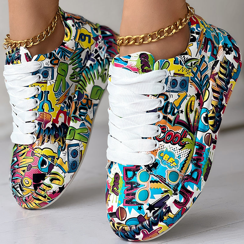 Women's Casual Round Toe Thick Sole Lace-Up Sneakers, Random Print Design, Comfortable Sporty Shoes For Daily Wear See size chart under “more details” The Fashion Celestial