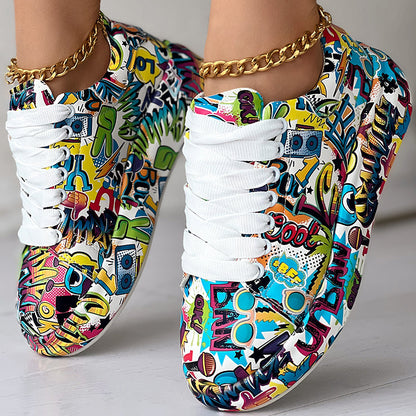 Women's Casual Round Toe Thick Sole Lace-Up Sneakers, Random Print Design, Comfortable Sporty Shoes For Daily Wear See size chart under “more details” The Fashion Celestial