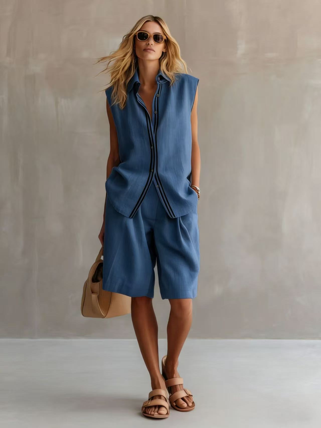 Women's Linen Shirt and Shorts Set – Sleeveless Summer Two-Piece FitiqueFit