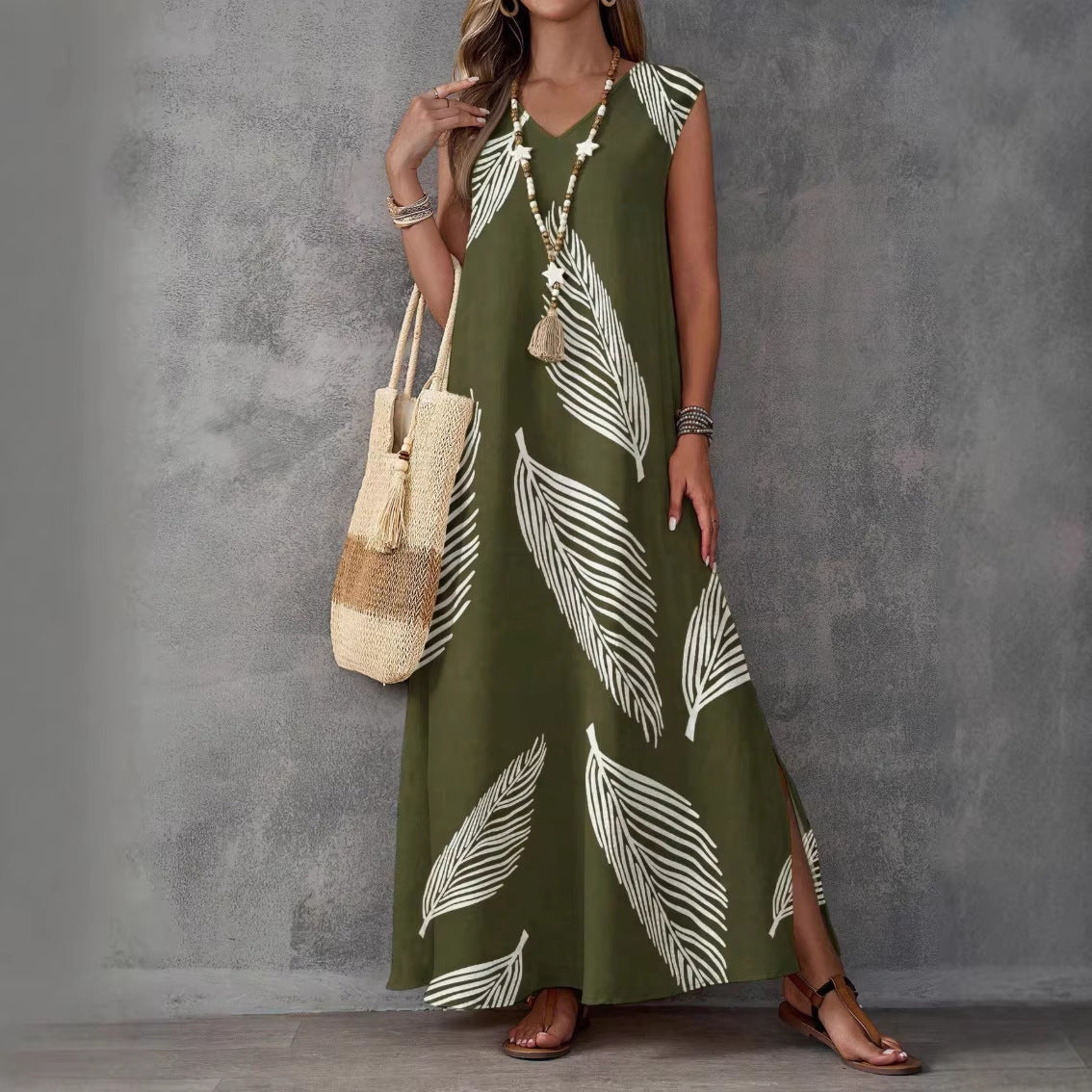 Printed V-Neck Sleeveless High-Waist Maxi Dress | 3 Colors FitiqueFit