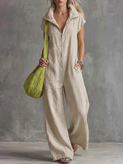 Women's Loose Sleeveless Jumpsuit with Pockets – Linen-Look FitiqueFit