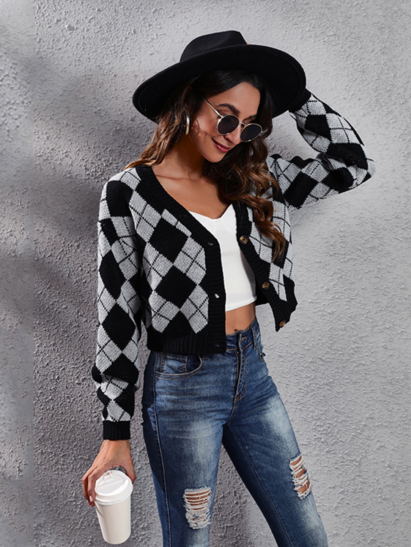 Women'S Elegant Tartan Knit Cardigan, V-Neck Short Length Sweater with Button Detail, Acrylic 100% Long Sleeve Knitwear for Fall/Winter NovaCart
