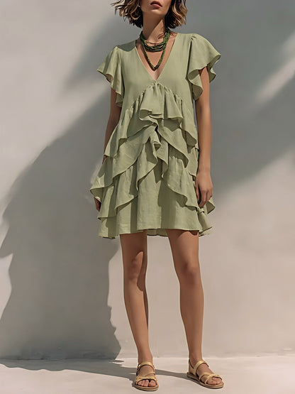 Women's V-Neck Ruffle Sleeve Casual Loose Dress FitiqueFit