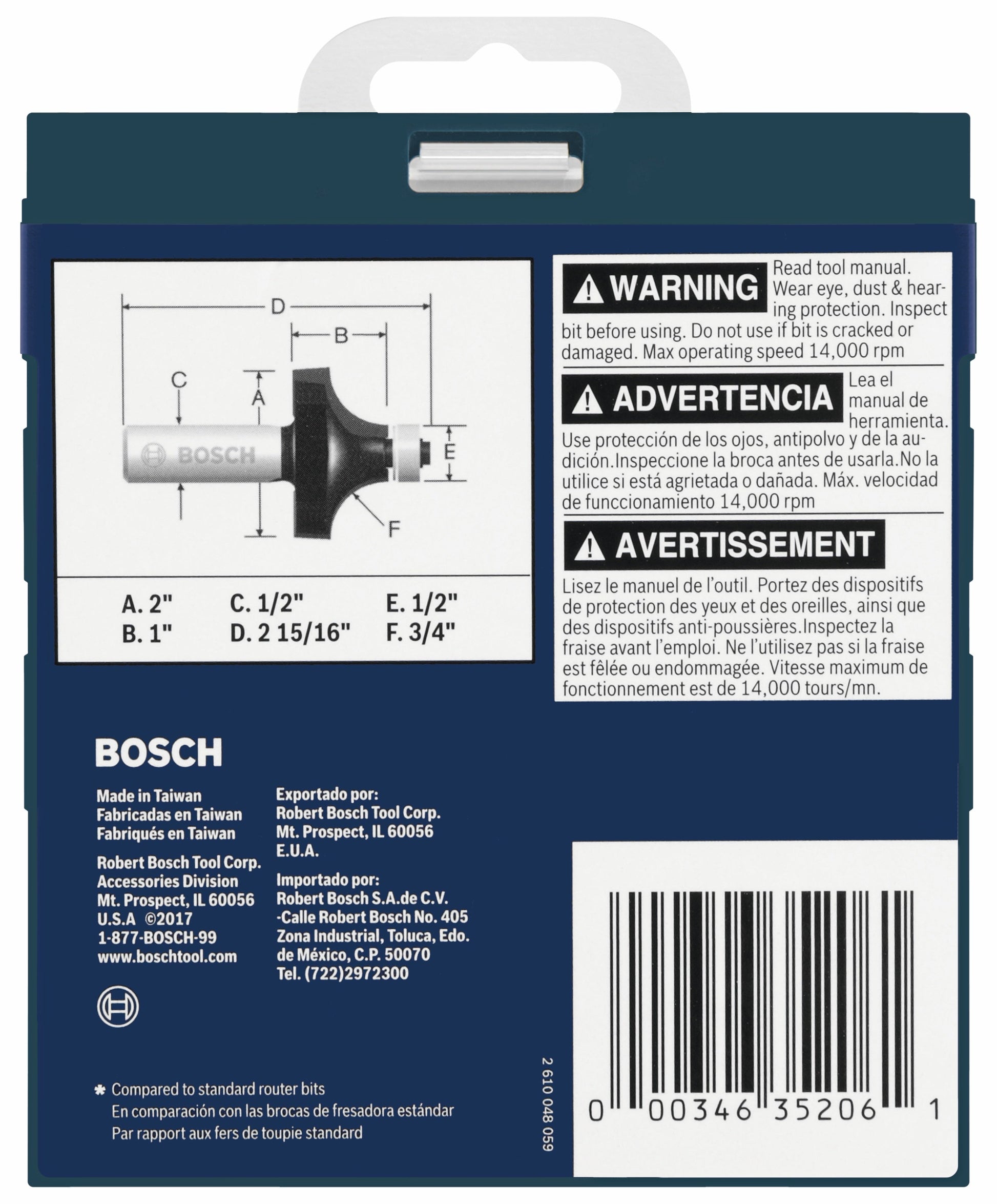 BOSCH 85434MC 3/4 In. x 1 In. Carbide-Tipped Roundover Router Bit VM Hardware