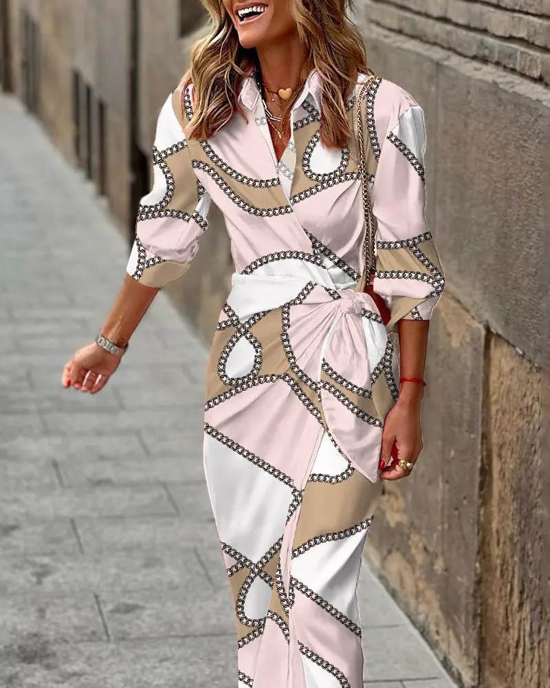 European And American Style Cardigan Lace-up Striped Printed Dress Grayceful LLC
