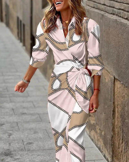 European And American Style Cardigan Lace-up Striped Printed Dress Grayceful LLC