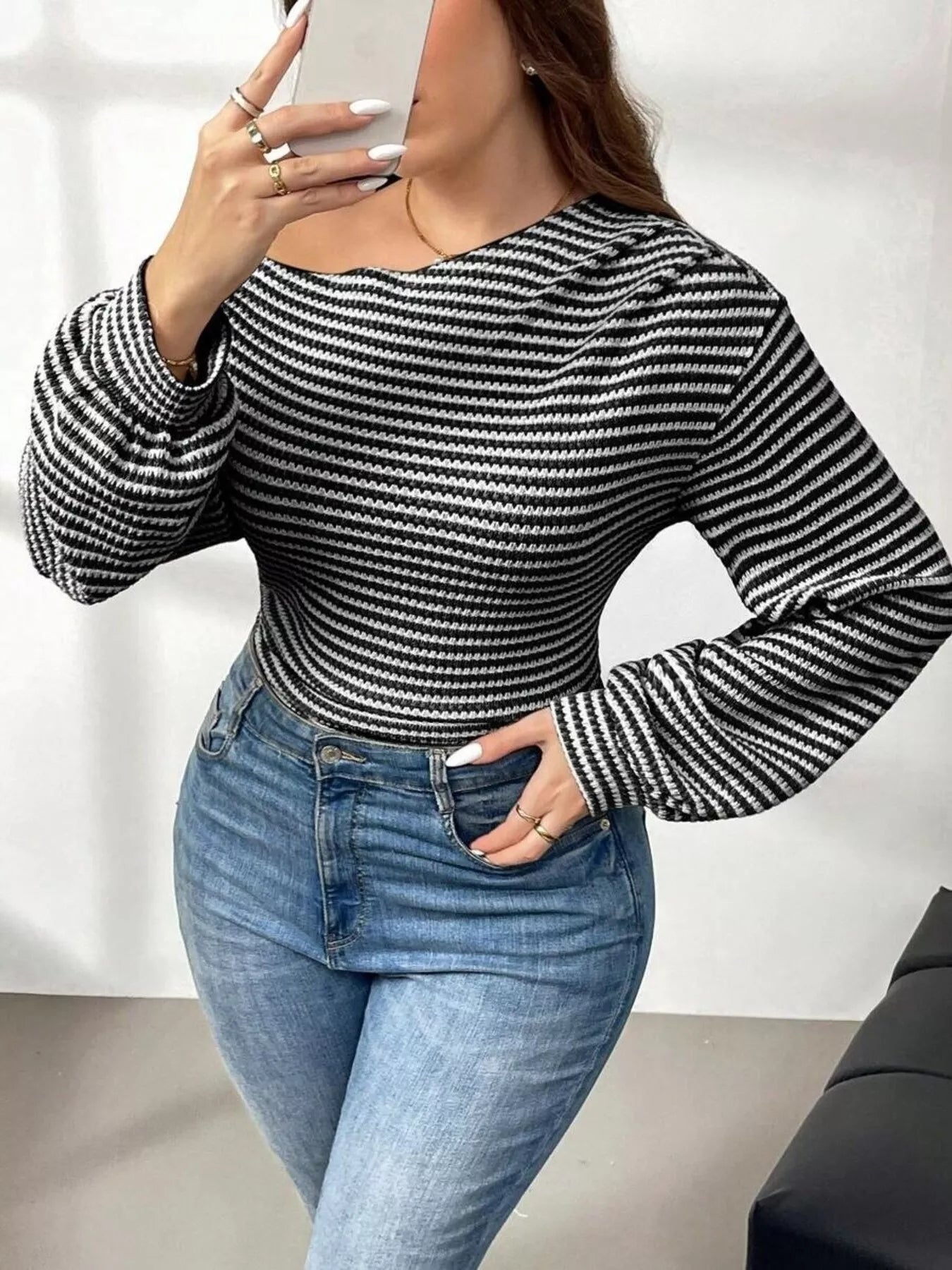 Plus Size Striped One-Shoulder Long Sleeve T-Shirt See size chart under “more details” The Fashion Celestial