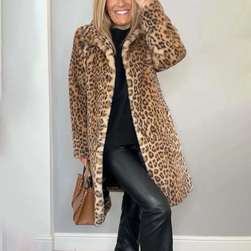 Women's Leopard Print Plush Jacket, Cozy Loose-Fit Warm Coat Elegant Medium-Length Fall Winter Outwear See size chart under “more details” The Fashion Celestial