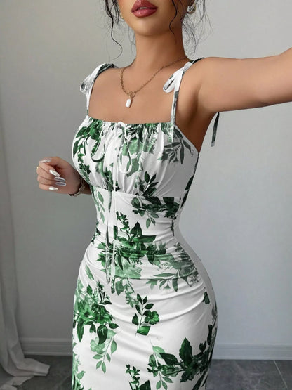 Printed Tie Strap Slit Maxi Dress New Era Fashion LLc