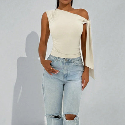 Women’s One-Shoulder Asymmetrical Tie Shoulder Top – Going Out & Party Shirt FitiqueFit