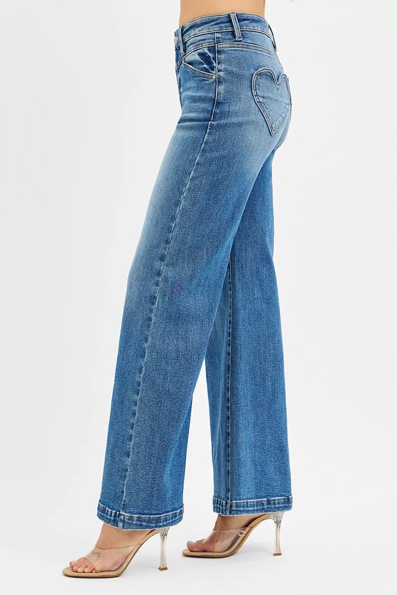 RISEN High Rise Wide Leg Jenas with Front Yoke and Heart Back Pocket West2East Surf