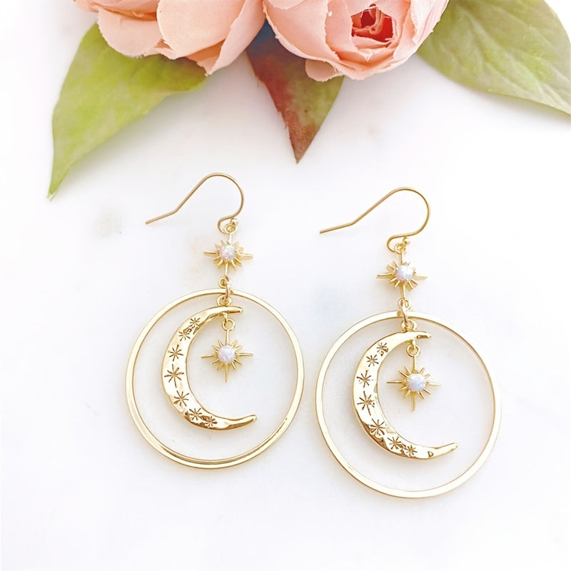 Elegant Boho-Chic Golden-Tone Moonstone Dangle Earrings for Women - Crescent Moon with Star Motifs, Zinc Alloy, Perfect for Daily Wear & Parties, Moon Earrings NovaCart