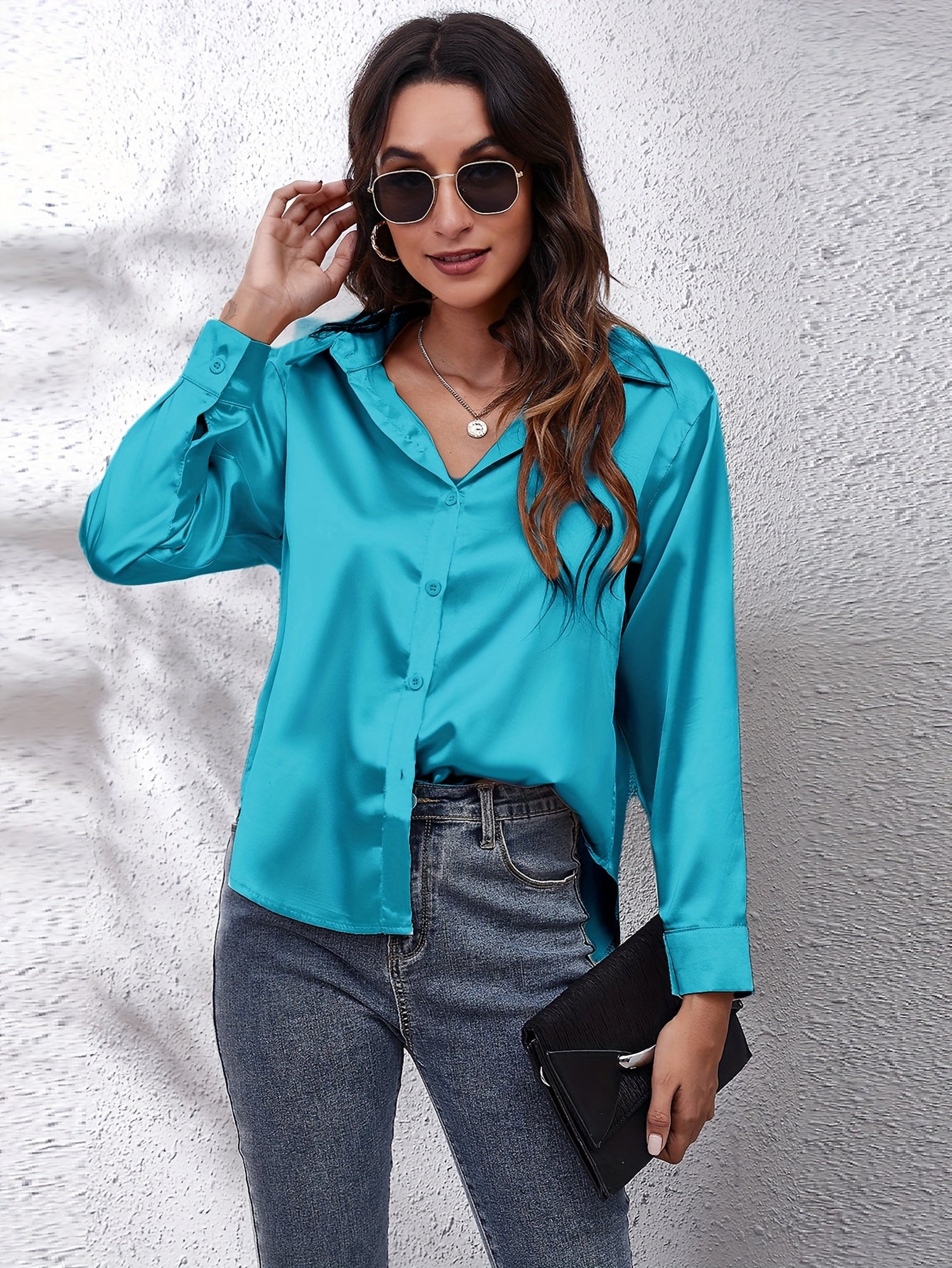 Hot Style In-Kind Shooting Satin Shirt Women'S Satin Imitation Long-Sleeved Shirt New European And American Cross-Border Women'S Clothing NovaCart