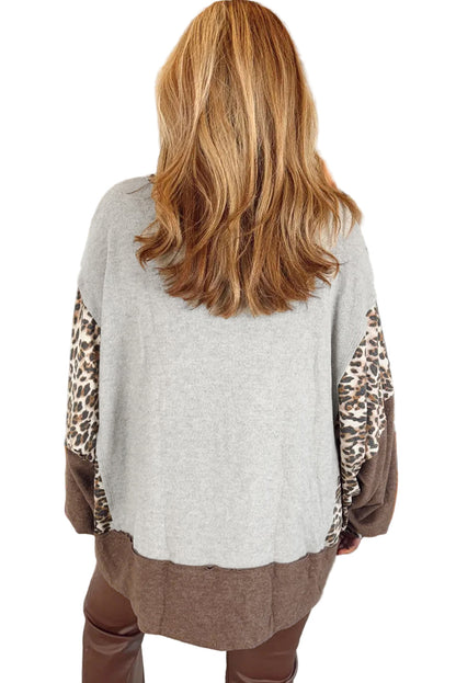 Gray Plus Size Leopard Color Block Patchwork Dolman Sweatshirt Garden Naked Curves
