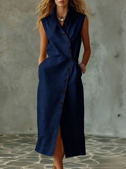 Women's Slim-Fit Sleeveless Stand Collar Pleated Midi Dress FitiqueFit