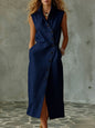 Women's Slim-Fit Sleeveless Stand Collar Pleated Midi Dress FitiqueFit