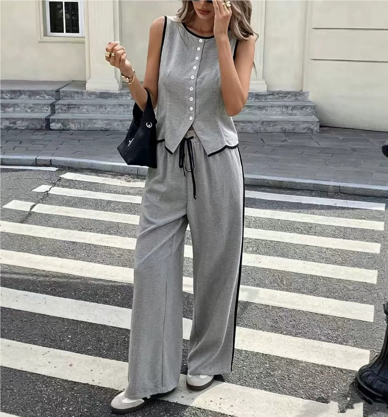 Women's Contrast Color Sleeveless Vest & Drawstring Trousers Suit – 6 Colors S–XXL FitiqueFit